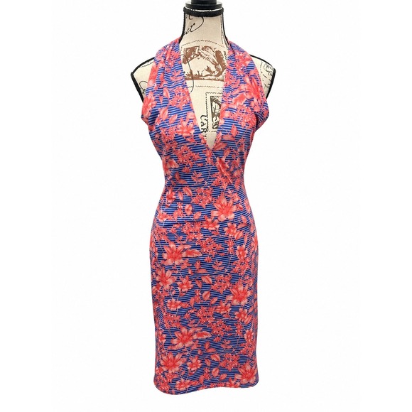 Belle Badgley Mischka Dresses & Skirts - Belle Badgley Mischka Halter Dress Womens 0 Blue Coral Floral Striped Sheath NWT